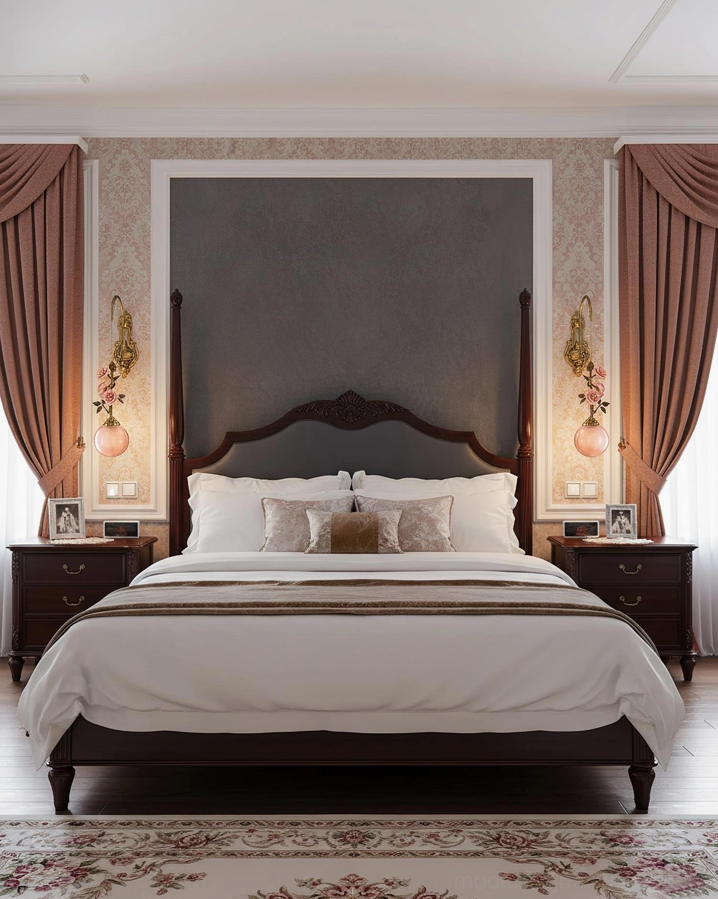 Lunafleur porcelain rose wall lamp showing full product profile and mounting hardware
