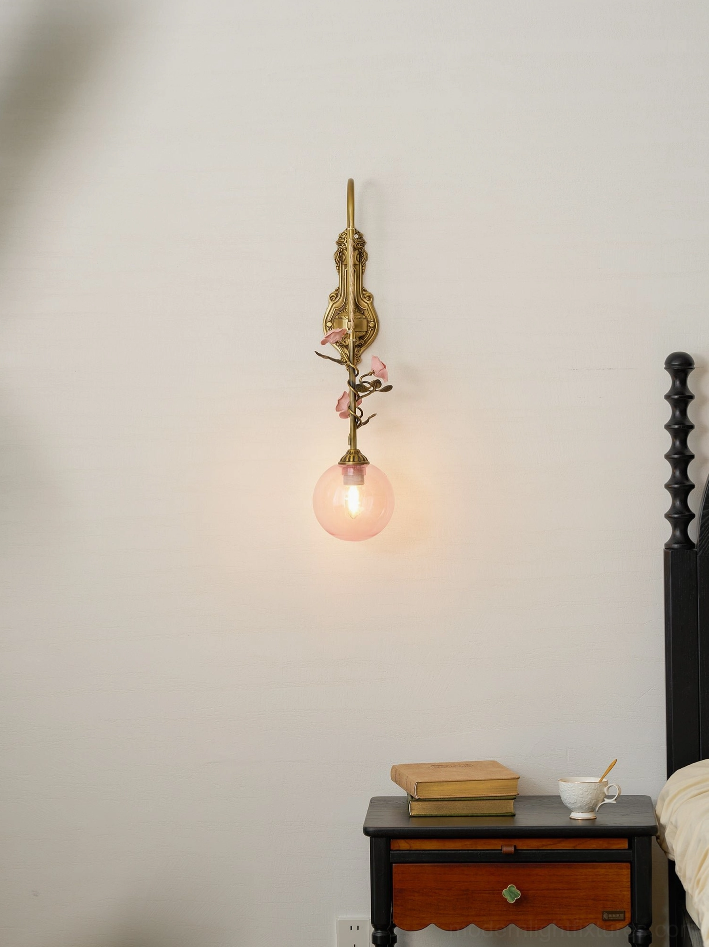 Lunafleur brass wall lamp in powder room vanity providing flattering face-framing light
