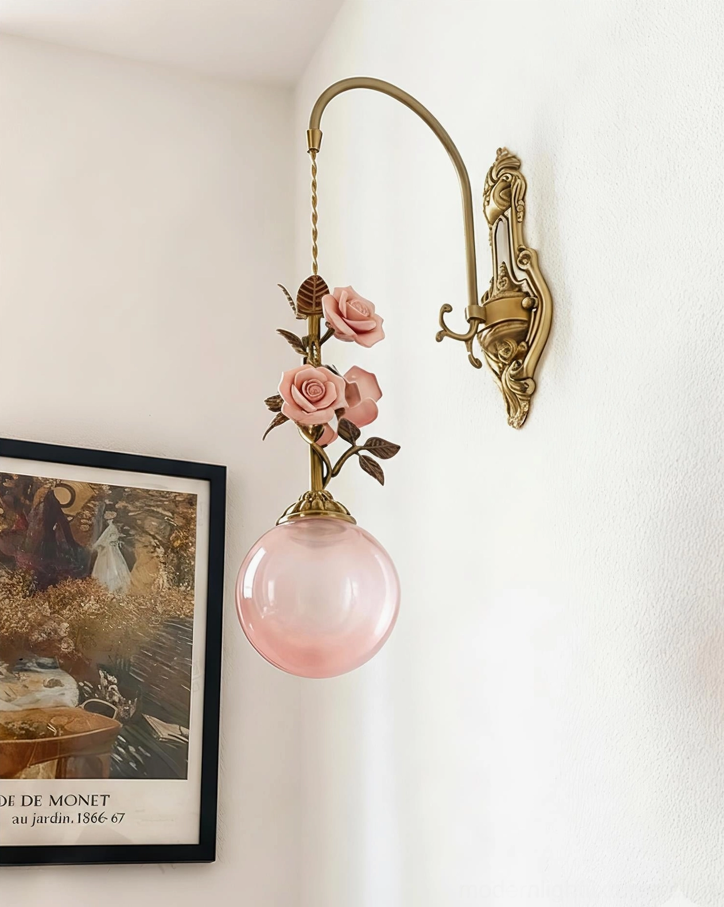 Lunafleur vintage wall lamp mounted on interior wall showing side profile and illuminated pink glass diffuser