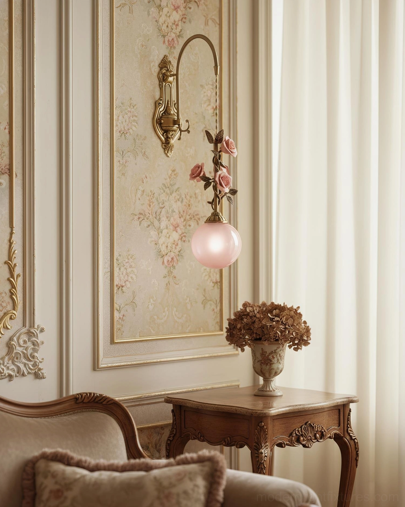 Lunafleur brass wall lamp mounted on textured wall showing light diffusion through pink glass