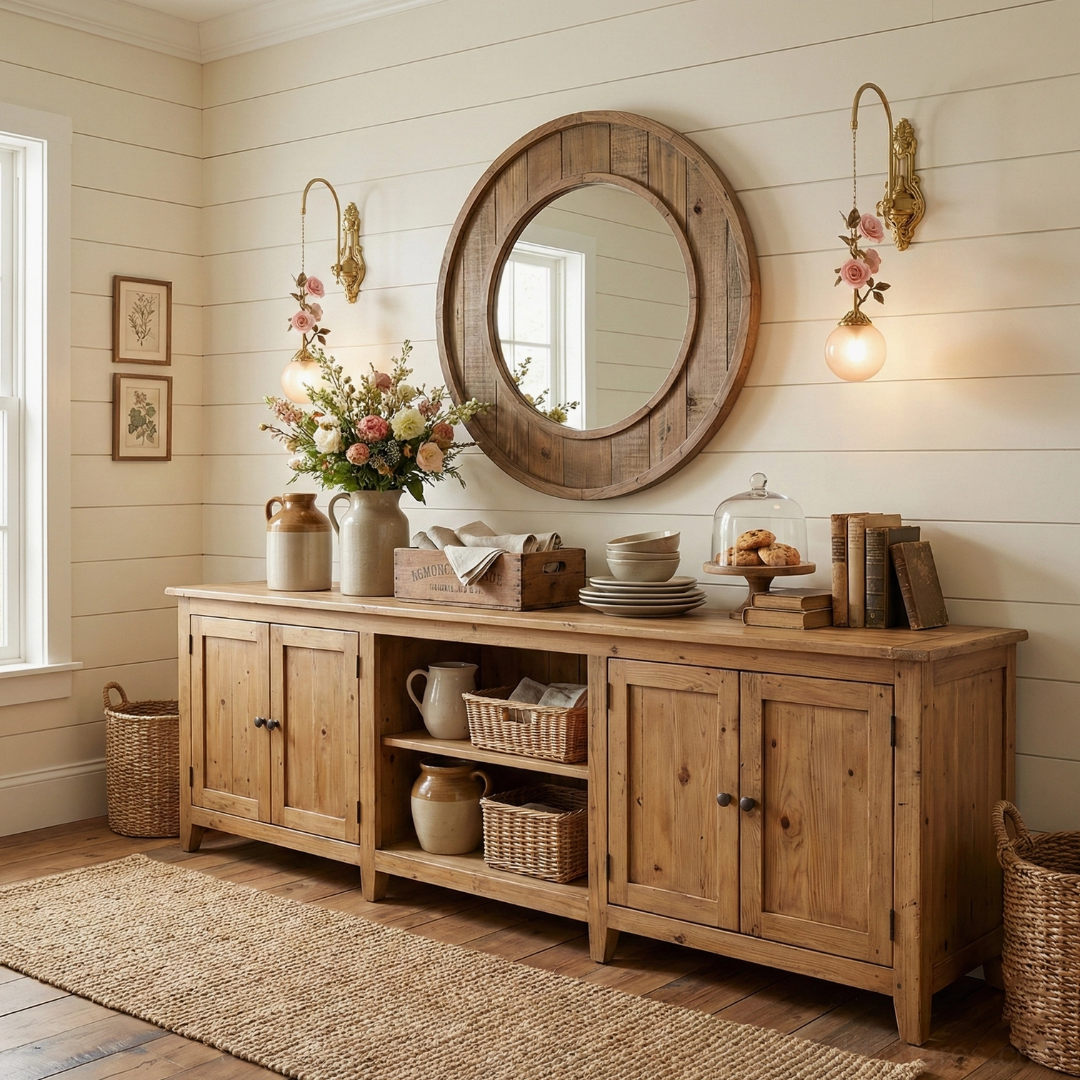 Twin Lunafleur wall lamps in farmhouse entryway with shiplap walls wooden mirror rustic cabinet