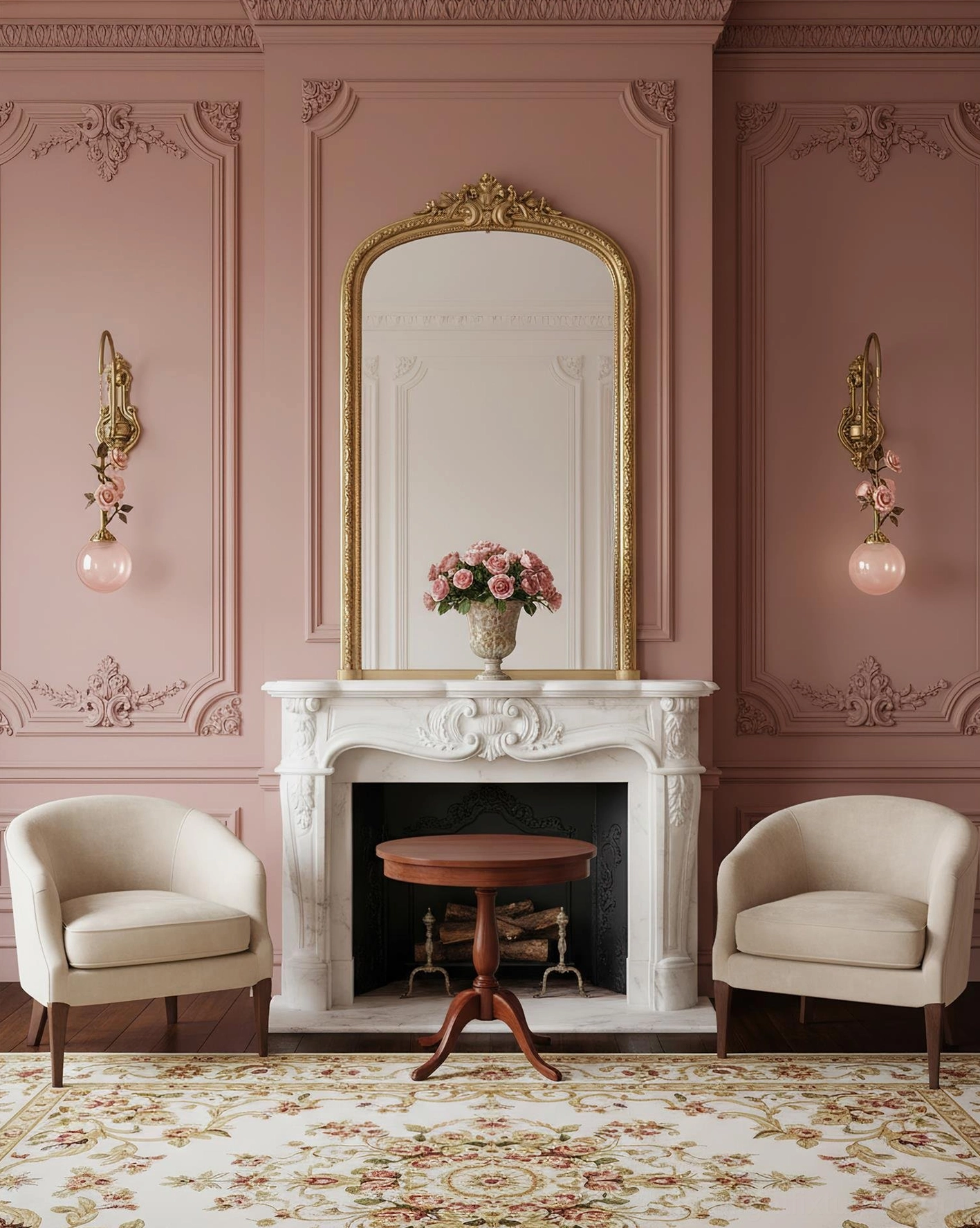 Pair of Lunafleur brass wall sconces installed in French formal living room with fireplace and gilt accents