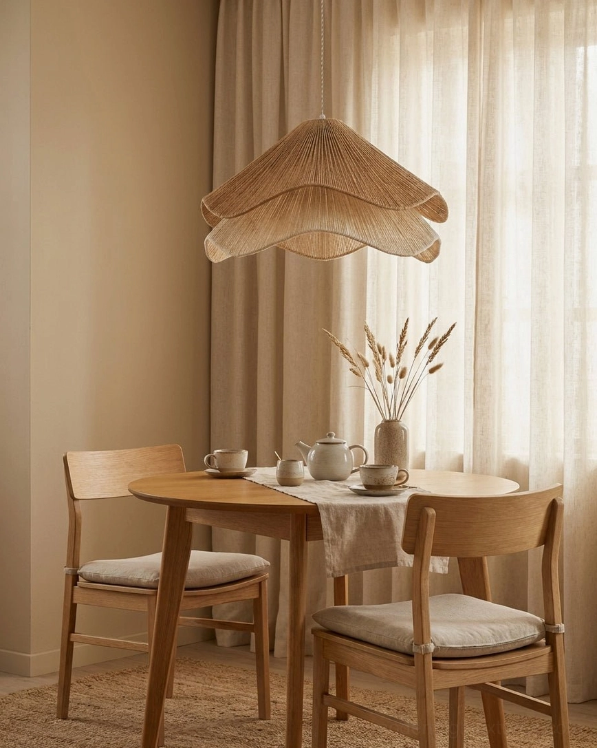 Lunaflor tiered jute scalloped pendant light warm 2700K LED bulb illuminated, ambient glow through natural fiber