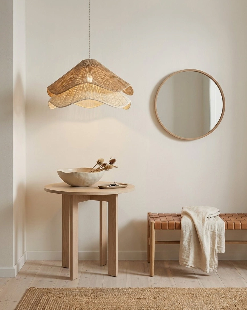 Lunaflor tiered jute-cord pendant light size comparison small medium large, natural tan and cream two-tone shade
