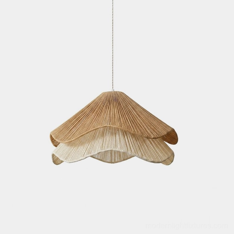 Lunaflor tiered jute-cord pendant light with two-tone scalloped shade, front studio view against white background