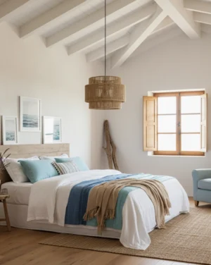 Hemp rope pendant lamp suspended in vaulted ceiling master bedroom creating warm atmospheric glow with soft light patterns through open-weave design