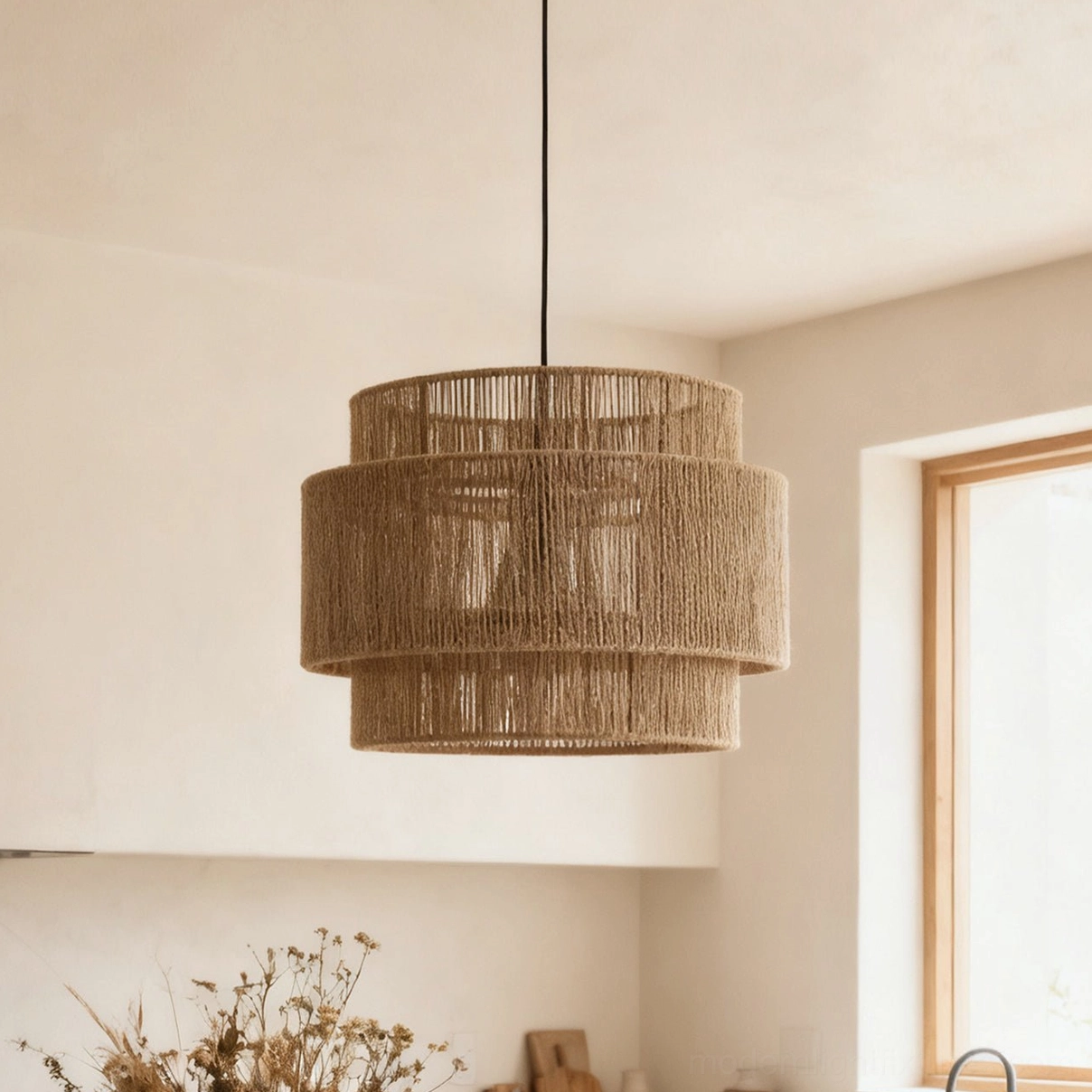 Lunapetra hemp rope pendant light available in three sizes - small 45cm, medium 60cm, large 80cm showing scale comparison and versatile design options