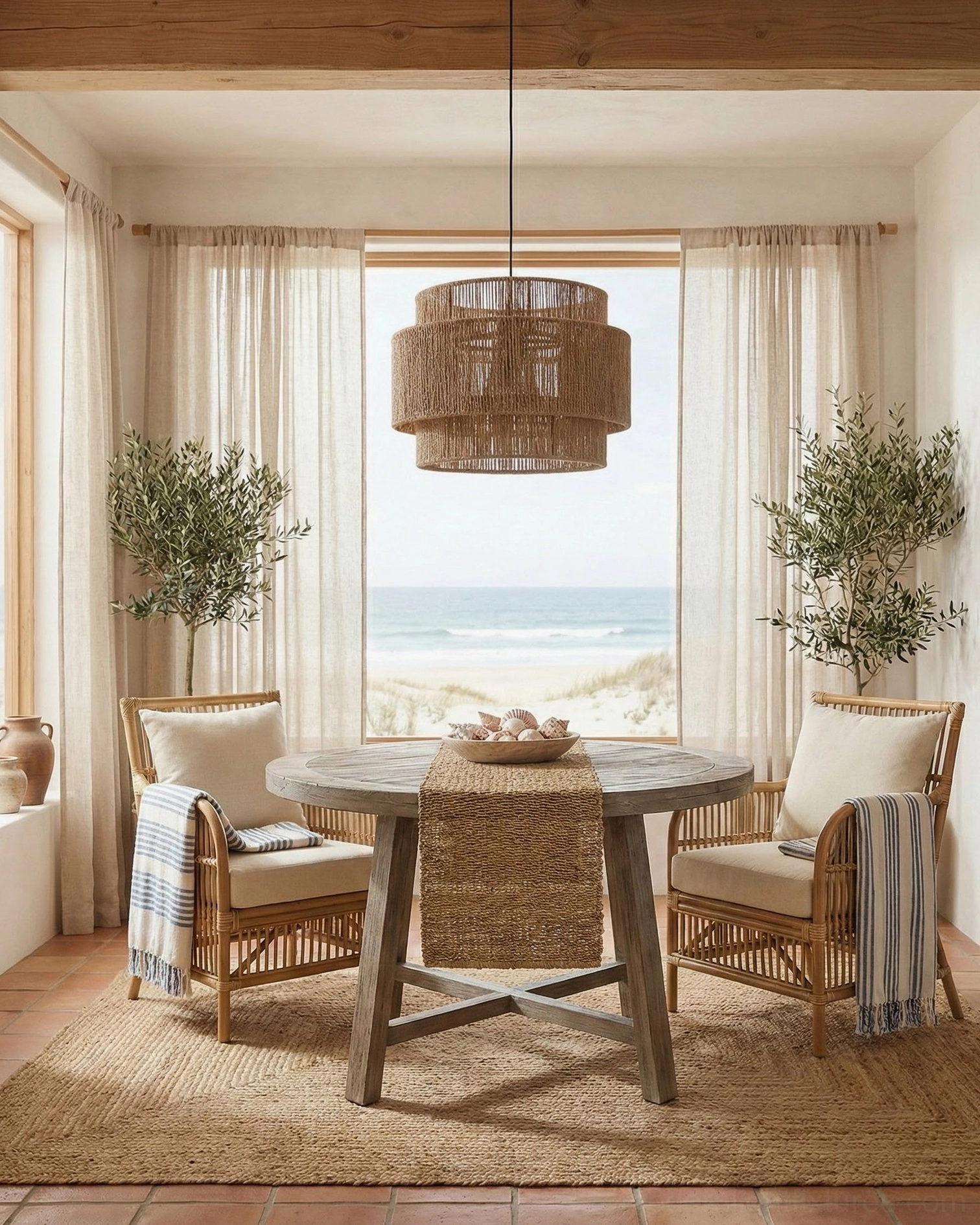 Beachfront dining room with Lunapetra woven rope pendant lamp suspended above table showing natural tan coastal boho aesthetic and warm illumination
