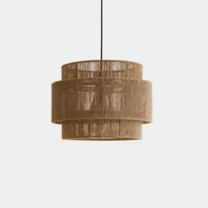 Lunapetra hemp rope pendant light - front view showing two-tier woven cylindrical design with natural tan braided rope texture on studio white background