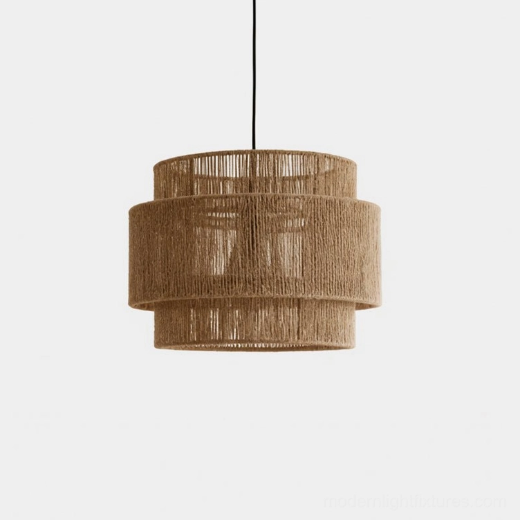 Lunapetra hemp rope pendant light - front view showing two-tier woven cylindrical design with natural tan braided rope texture on studio white background