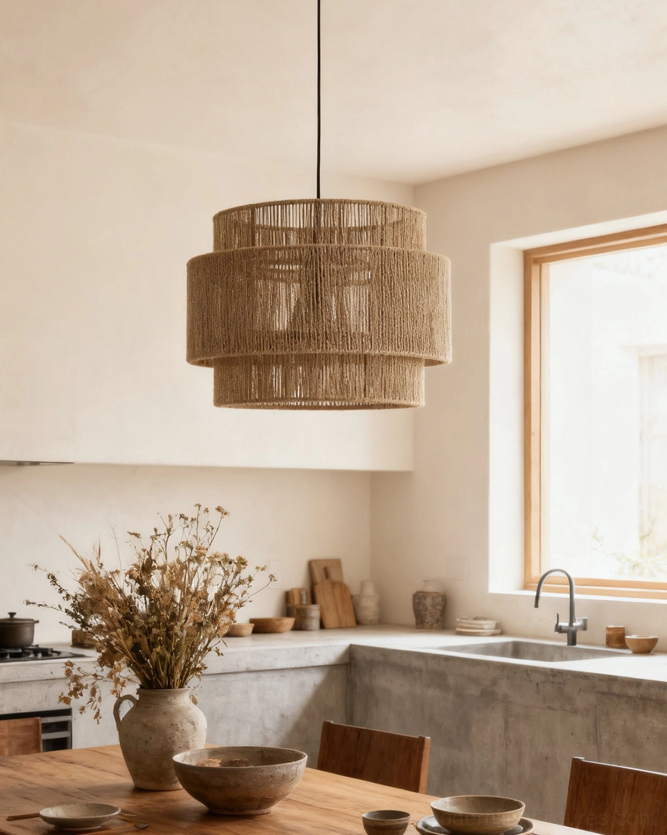 Cylindrical hemp rope pendant fixture in eye-level kitchen dining nook showing warm boho woven rope texture and light diffusion
