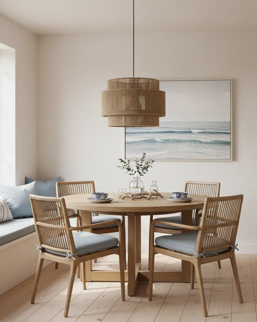Minimalist contemporary dining room interior with Lunapetra hemp rope pendant lamp providing warm atmospheric light in casual boho setting