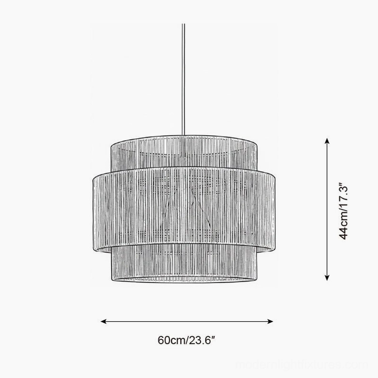 Lunapetra hemp rope pendant medium size technical drawing - 60cm diameter x 44cm height (23.6 inches x 17.3 inches) dimensions and design schematic