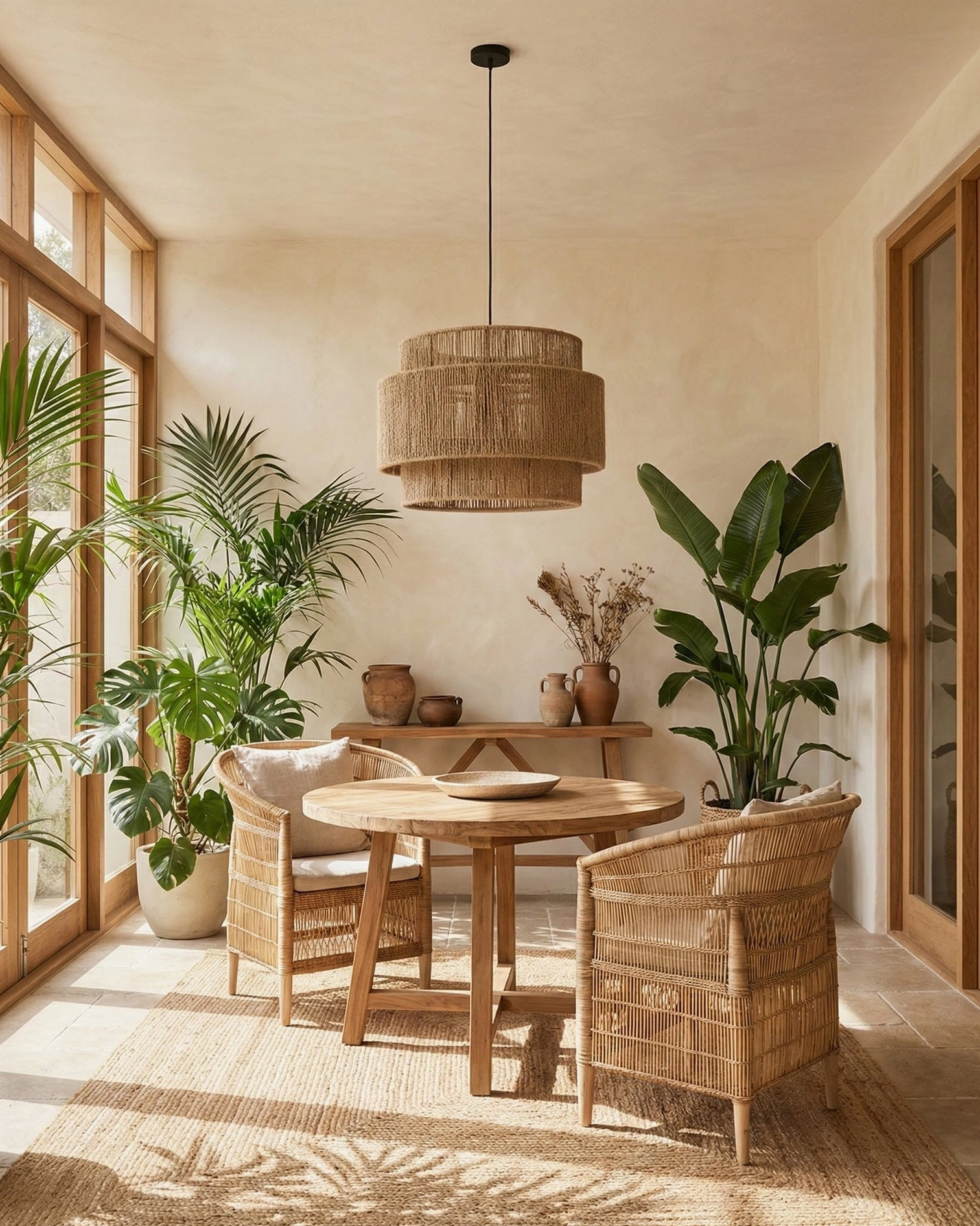 Two-tier woven rope pendant light hanging above sunlit dining table in bright bohemian coastal rustic interior space