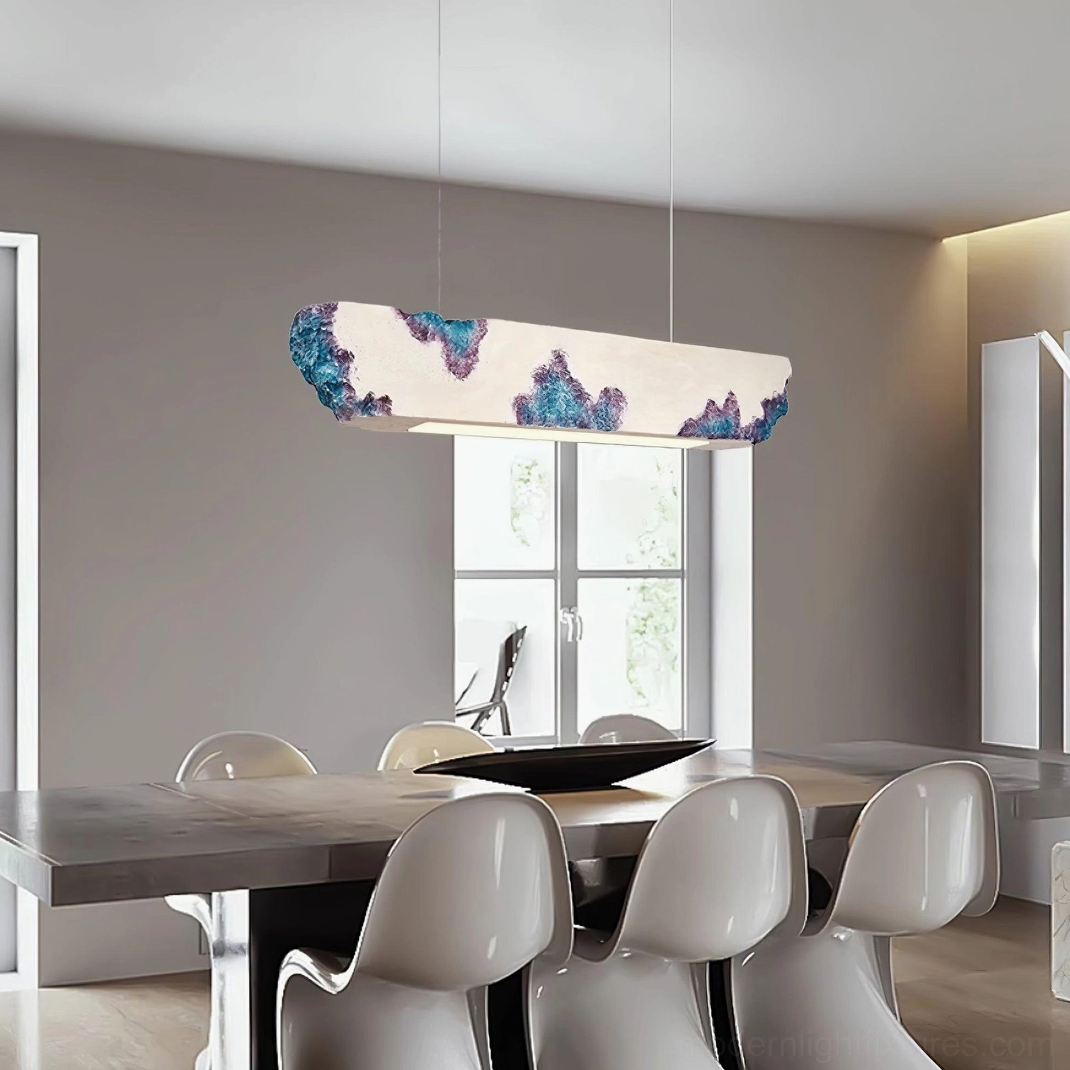 Blue-purple marbled linear pendant lamp in bright residential dining room - Lunar Gleam modern fixture