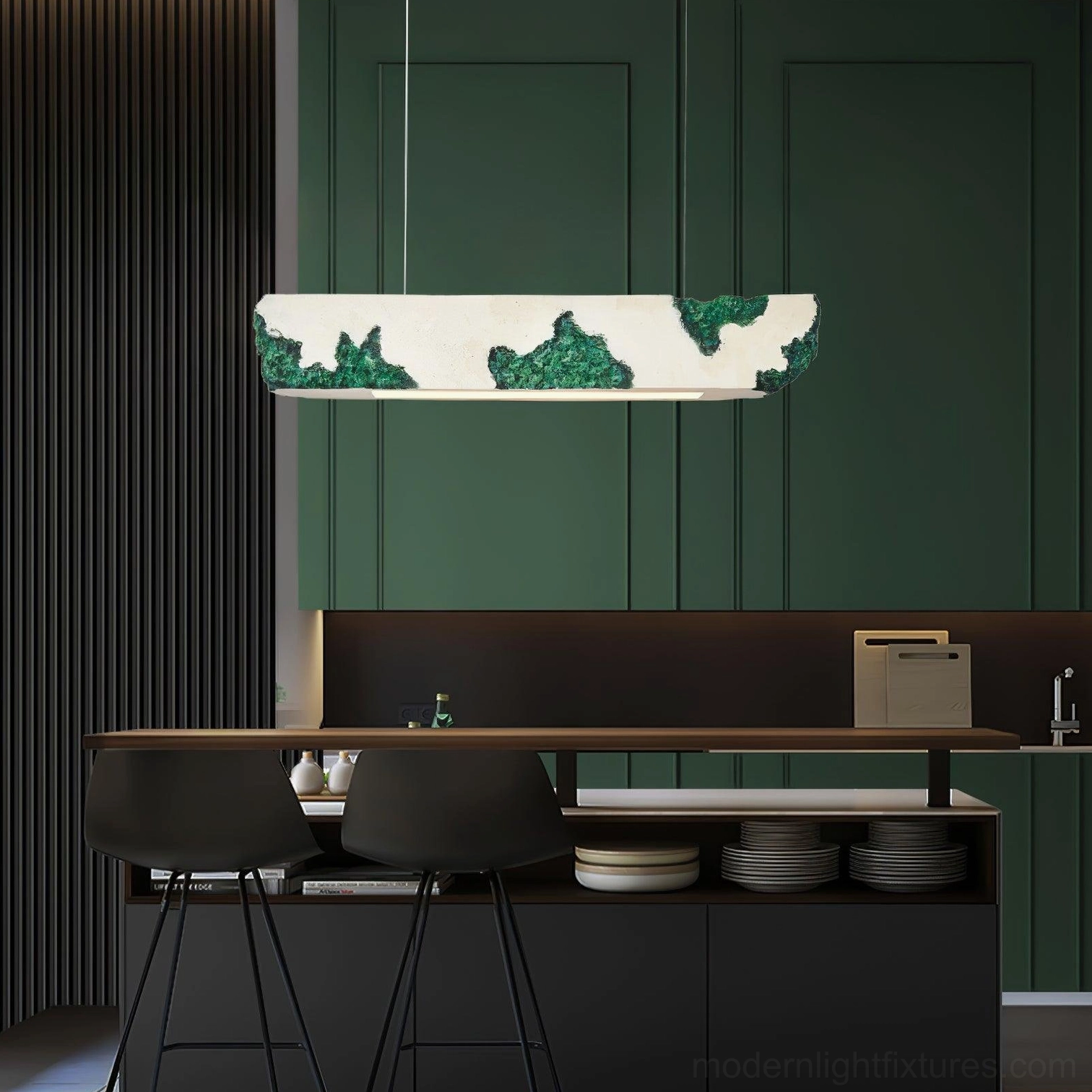 Green marbled linear pendant lamp in modern kitchen bar - Lunar Gleam contemporary kitchen island lighting