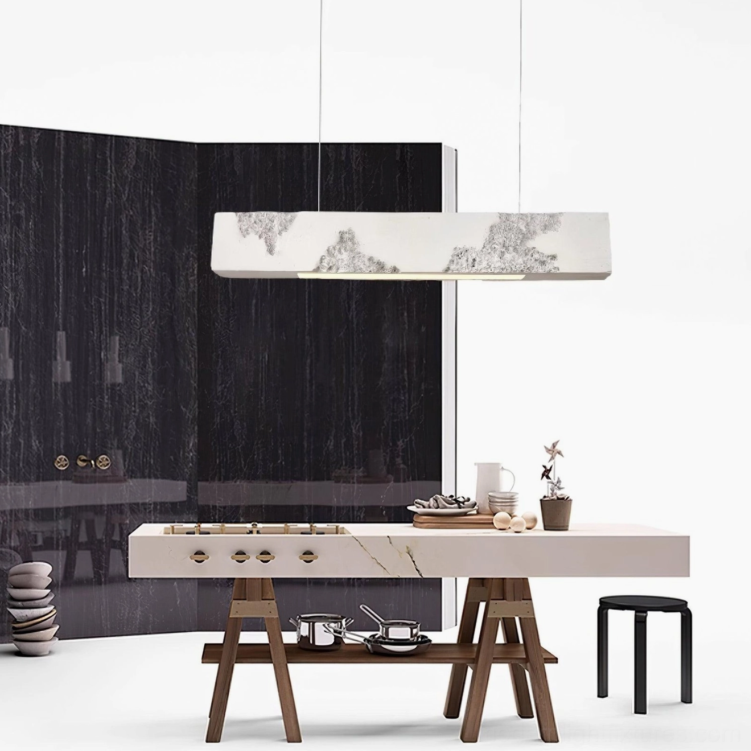 Grey-white textured pendant light in high-end dining space - Lunar Gleam modern linear fixture interior design