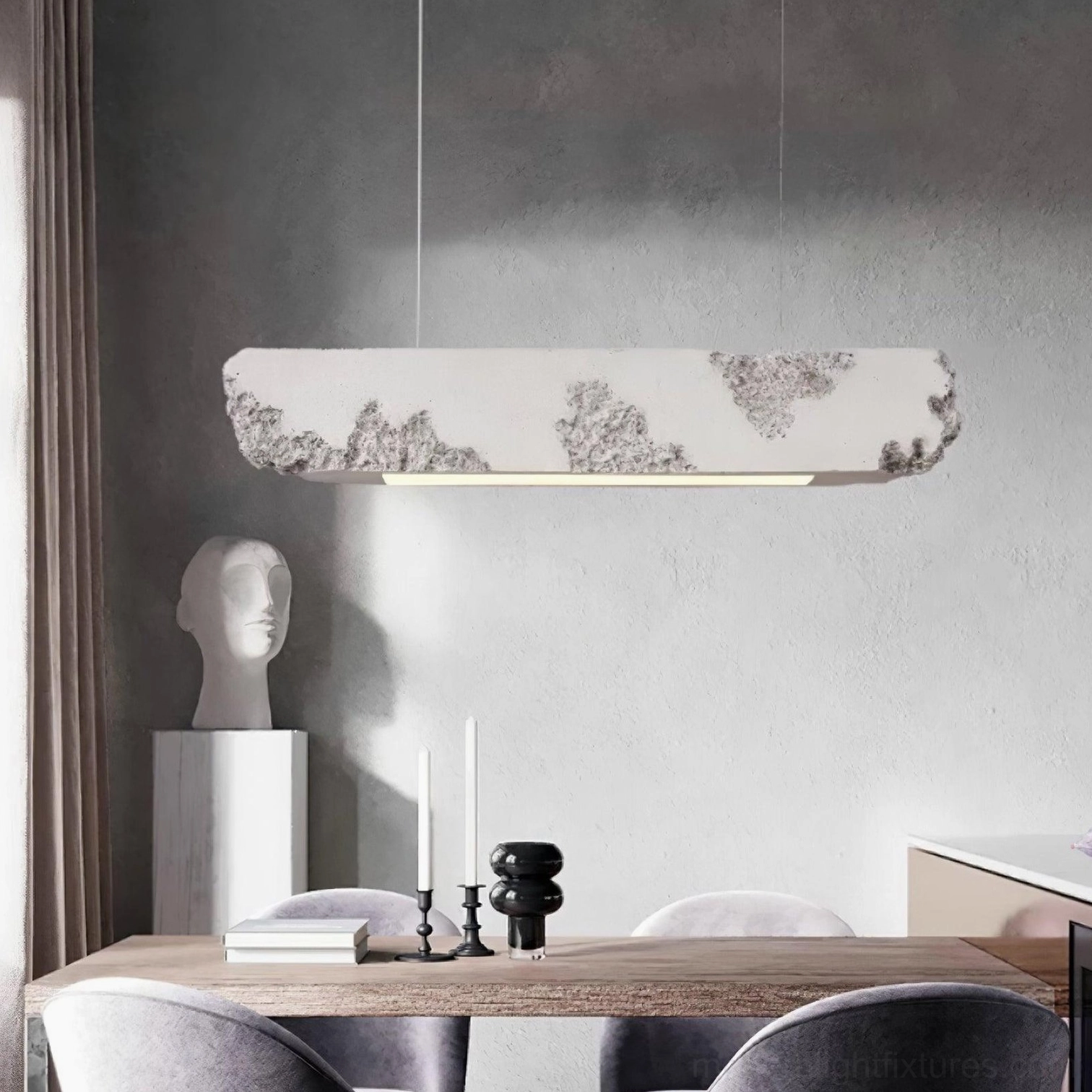 Modern linear pendant lamp in dining room - grey-white marbled Lunar Gleam hanging above contemporary table
