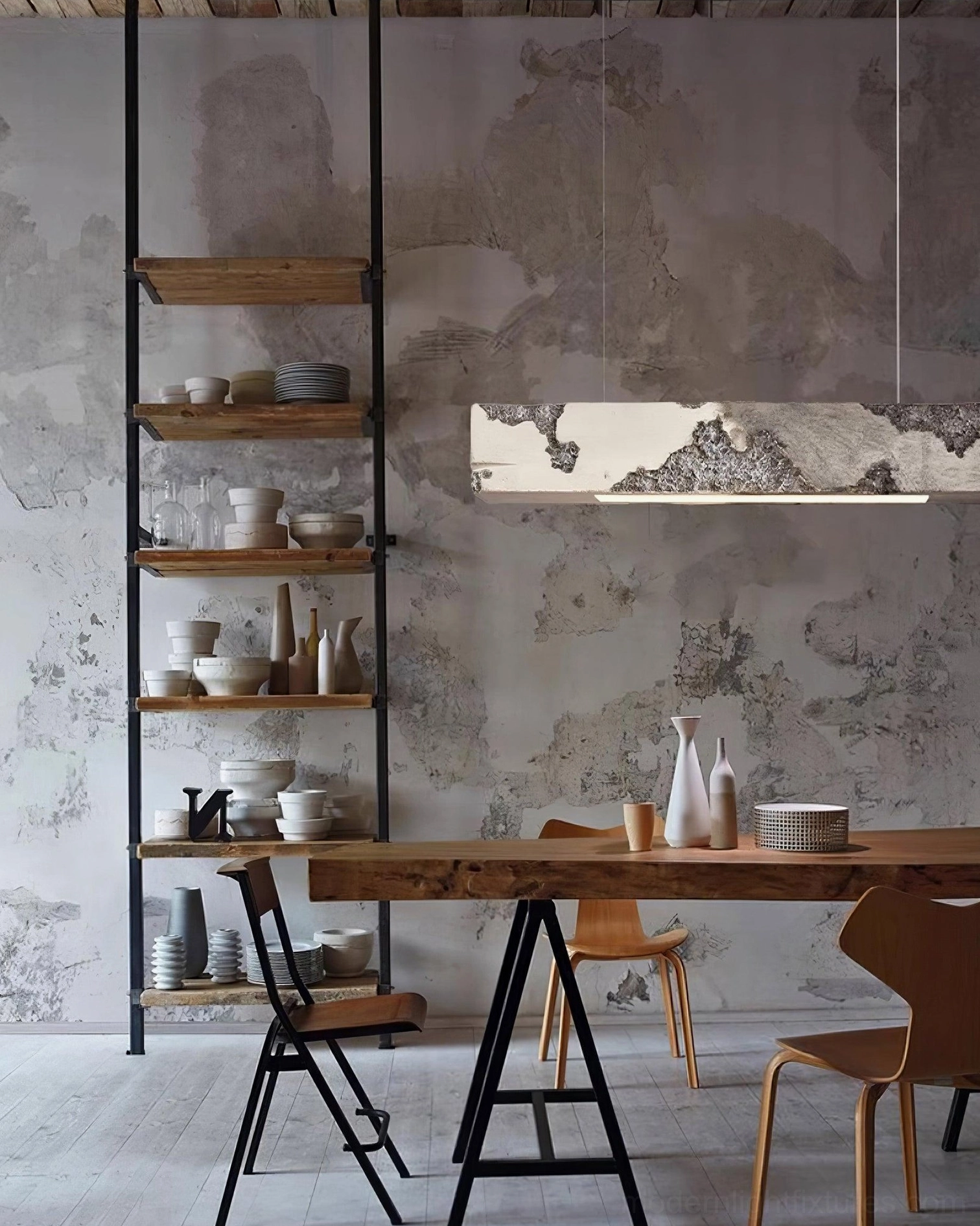 Grey-white textured Lunar Gleam pendant light in industrial rustic dining space - contemporary ceiling fixture