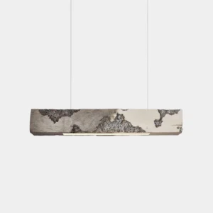 Lunar Gleam linear pendant light - studio front view showing textured moon crater design with grey-white marbled finish