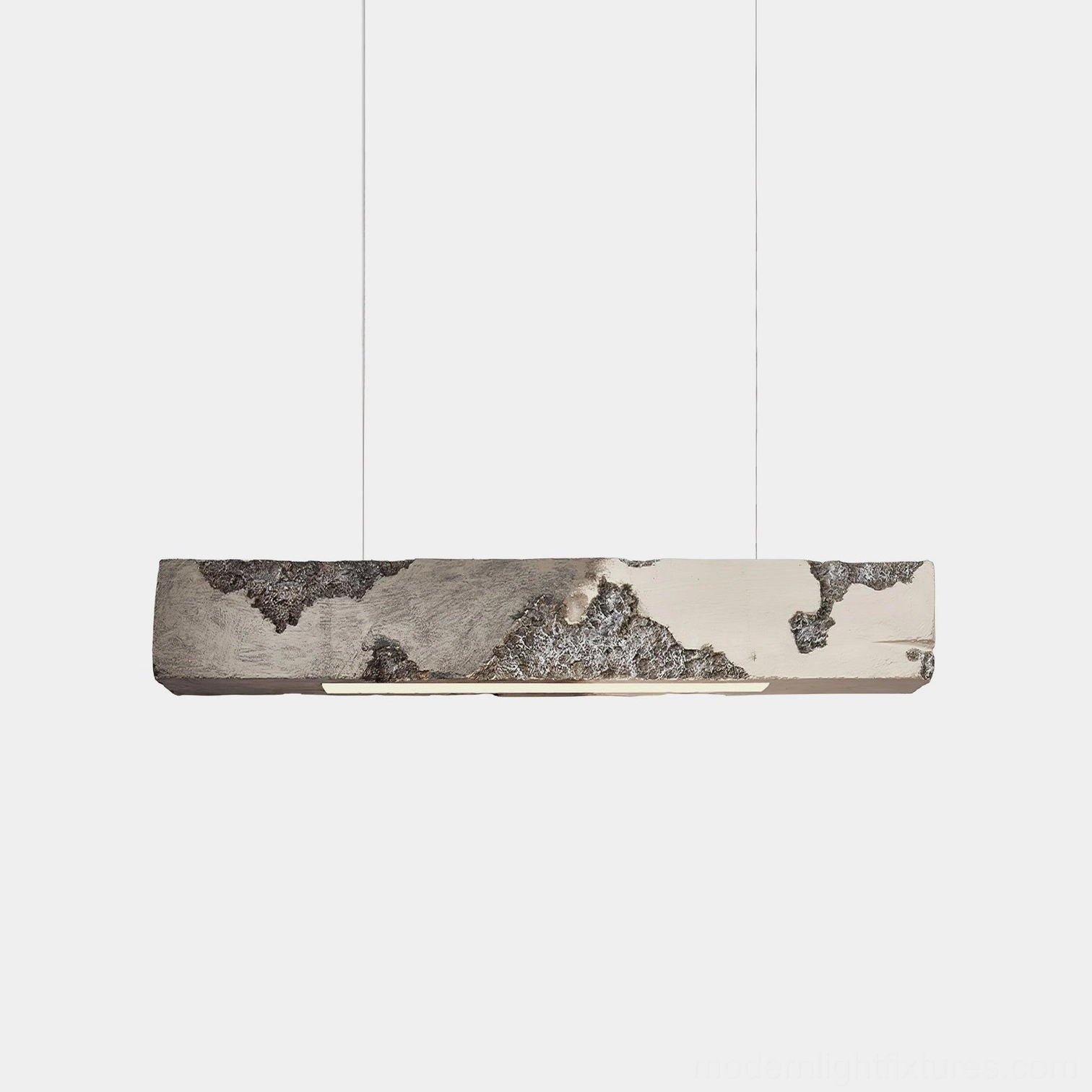 Lunar Gleam linear pendant light - studio front view showing textured moon crater design with grey-white marbled finish