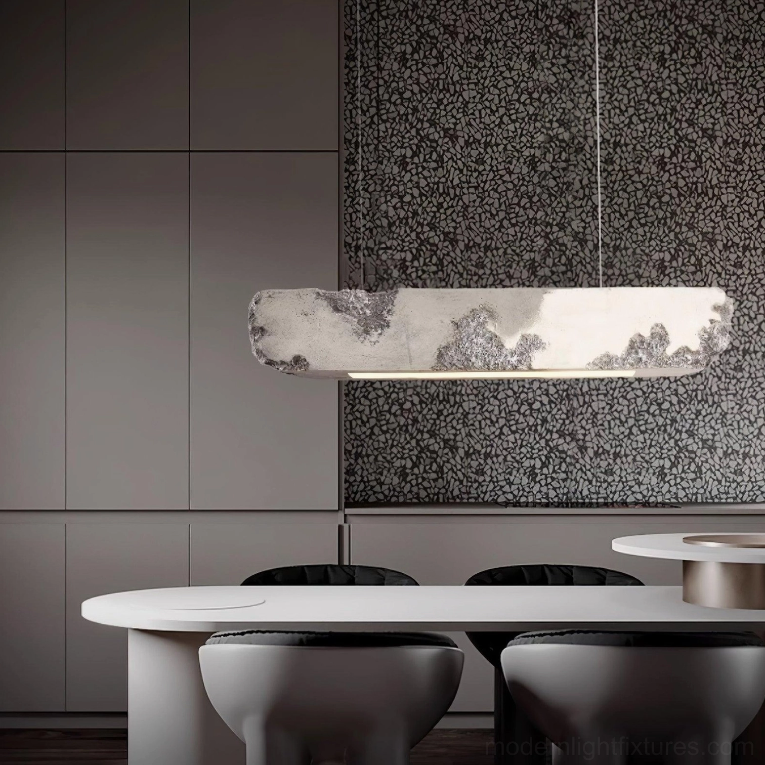Lunar Gleam modern pendant light in minimalist high-end dining area - cloud-like grey-white marbled design