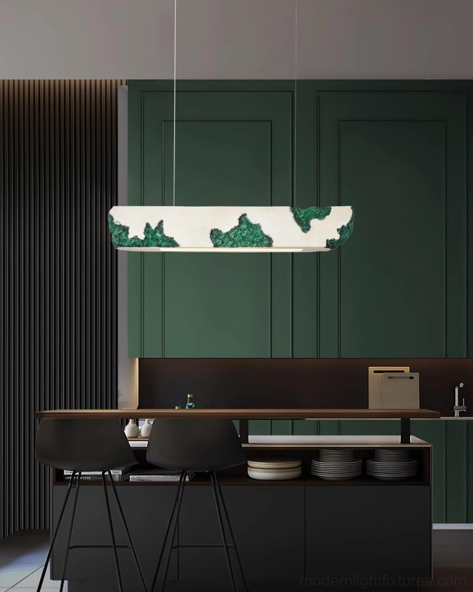 Lunar Gleam linear pendant light - close-up detail view of abstract crater textured moon surface design
