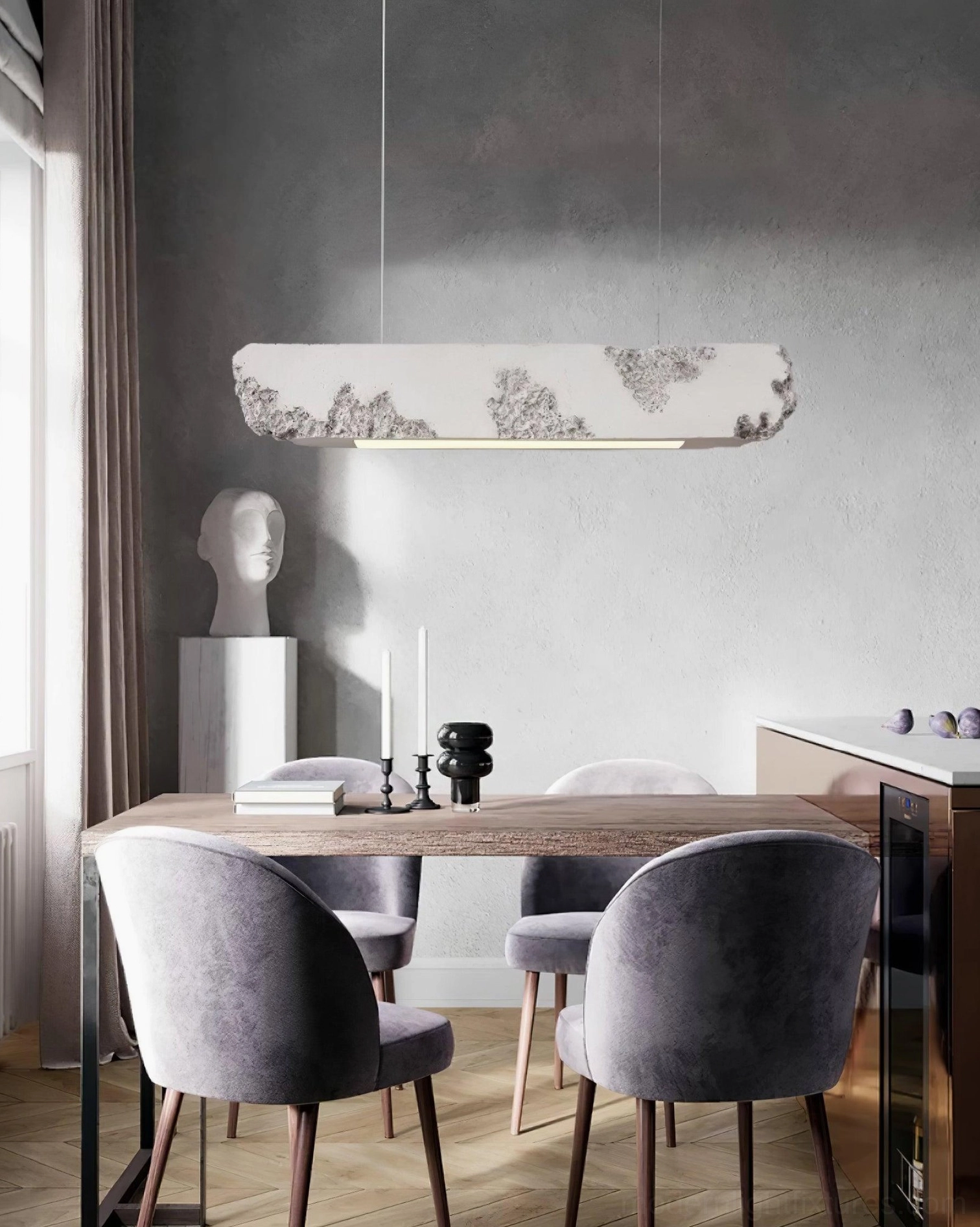 White finished Lunar Gleam linear pendant light - sculptural moon-inspired hanging lamp modern design