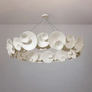 Contemporary Lunar Medallion disc chandelier installed in residential ceiling space with off-white layered discs warm lighting