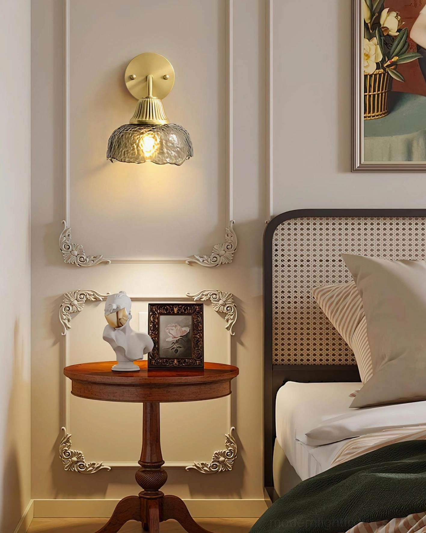Lunara vintage-inspired wall sconce in retro bedroom with ornate wall trim, warm glowing illumination