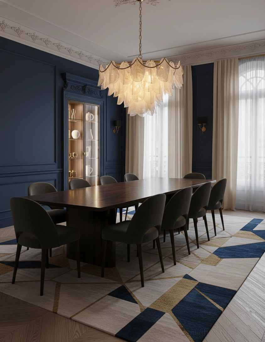 Lunaria petal chandelier ambient lighting effect showing warm glow and shadow play created by glass petals