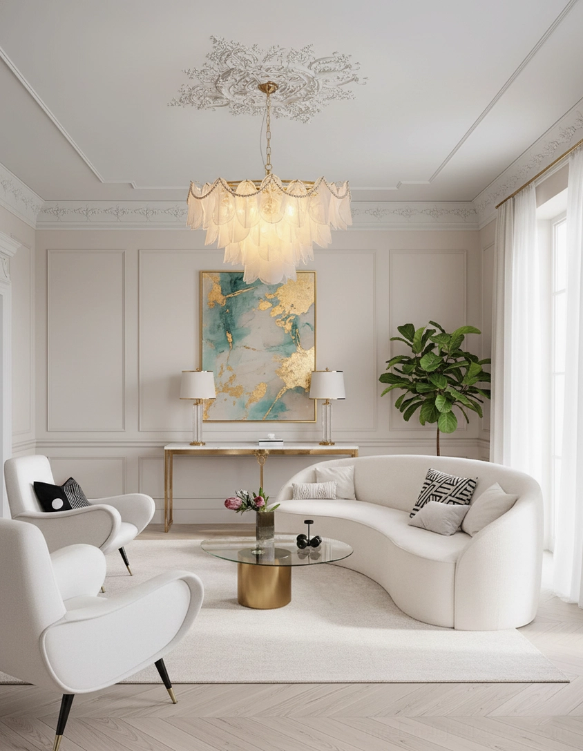 Lunaria modern petal glass chandelier close-up view of tiered glass elements and warm light diffusion through petals