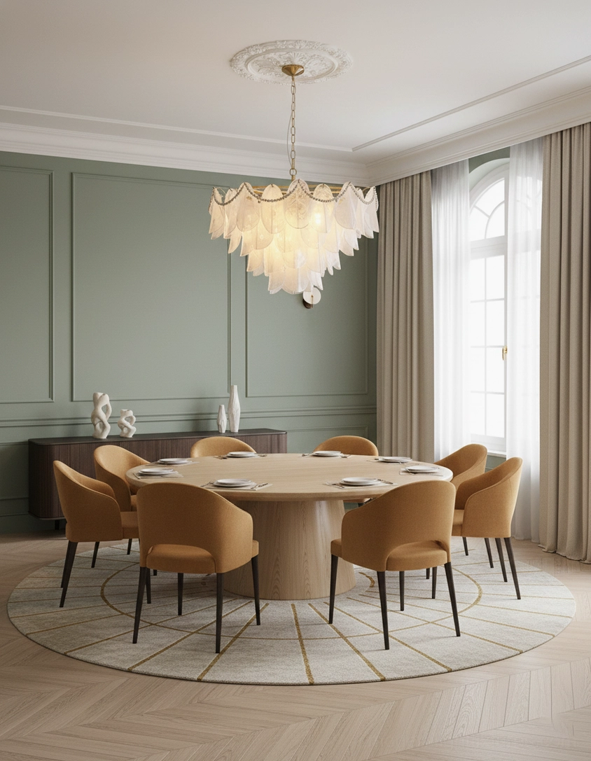Lunaria petal chandelier detail shot showing handcrafted glass petals pearl strand accent and gold metal frame construction