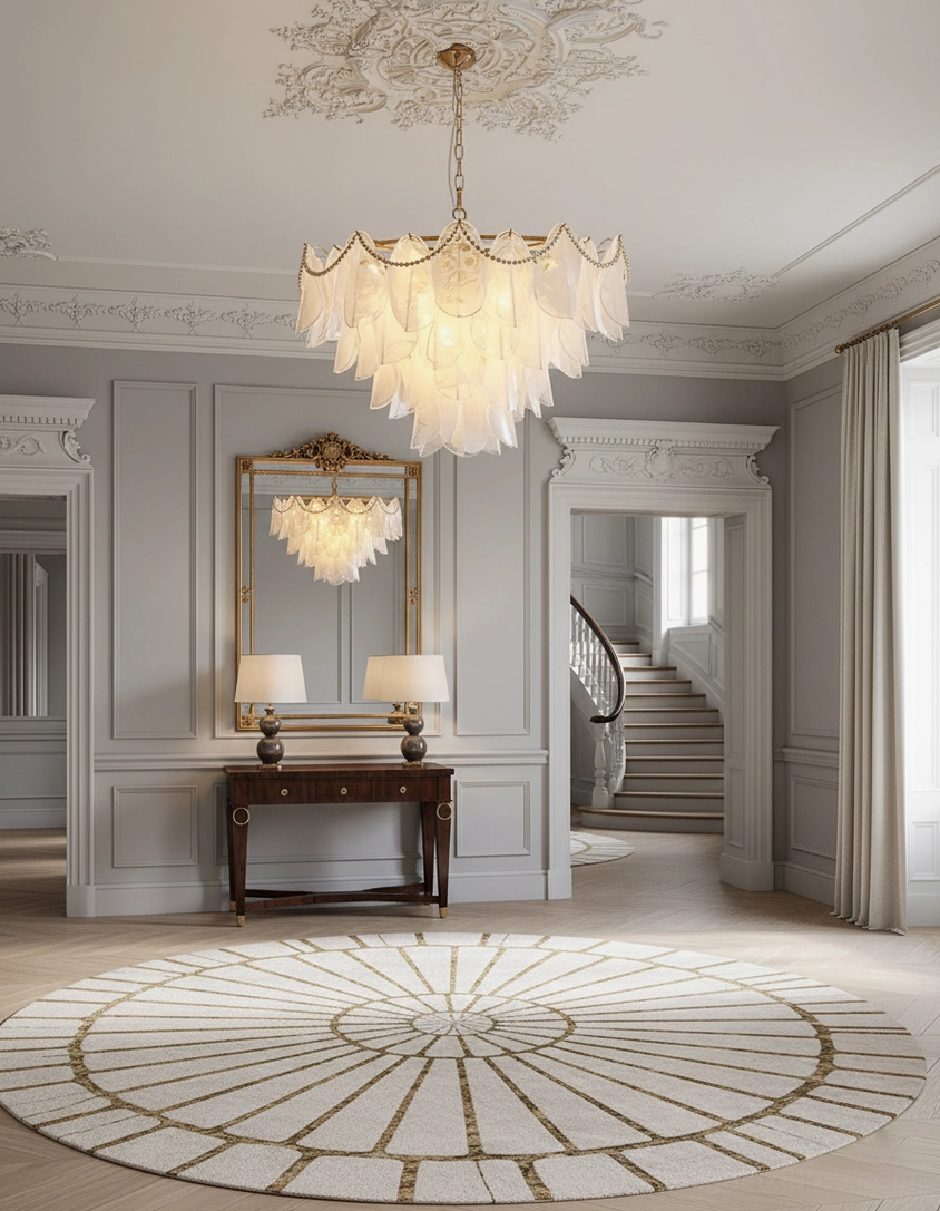 Lunaria tiered petal chandelier detail view of pearl strand decoration and refined jewelry-like embellishment