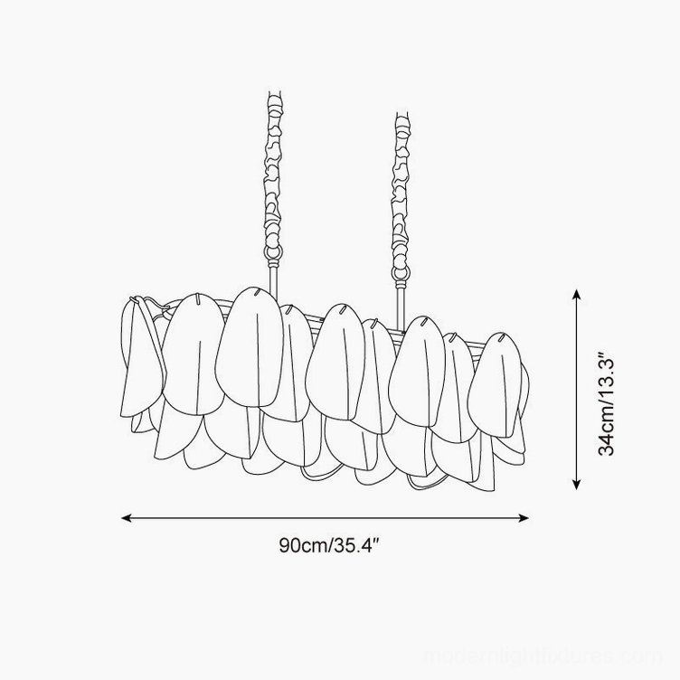 Lunaria dual rod petal chandelier technical dimension drawing 90cm length 34cm height linear size illustration