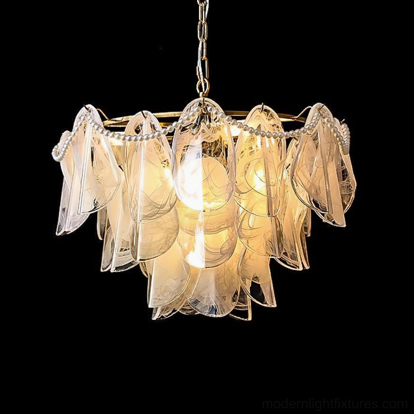 Lunaria petal glass chandelier gold finish detail showing metallic warmth and premium finish quality on frame