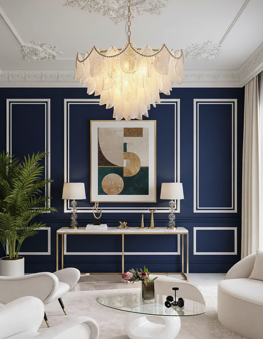Lunaria petal chandelier installation view showing gold hanging chain and ceiling mount in contemporary interior