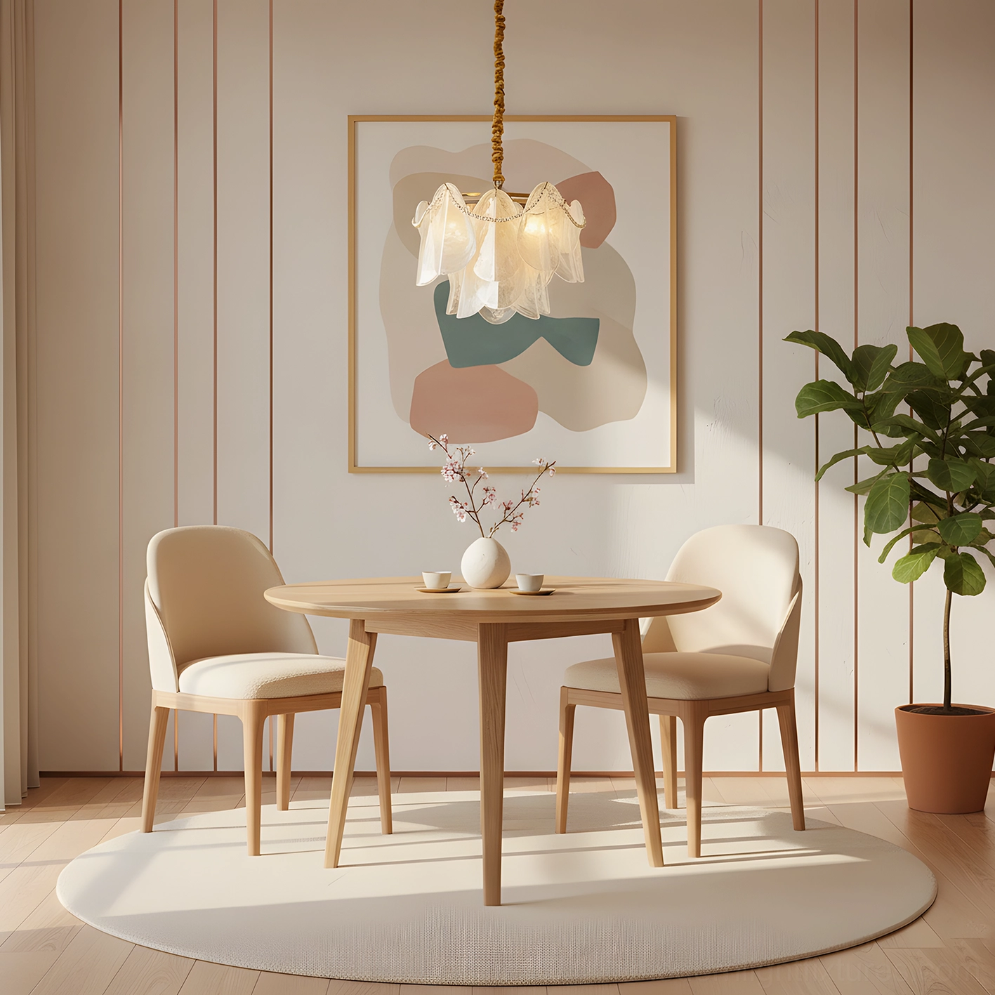 Lunaria petal glass chandelier room setting showing scaled perspective in modern contemporary interior design