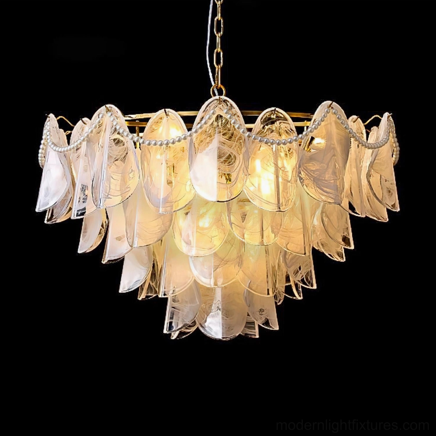 Lunaria petal chandelier white finish version showing clean contemporary aesthetic in minimalist interior space