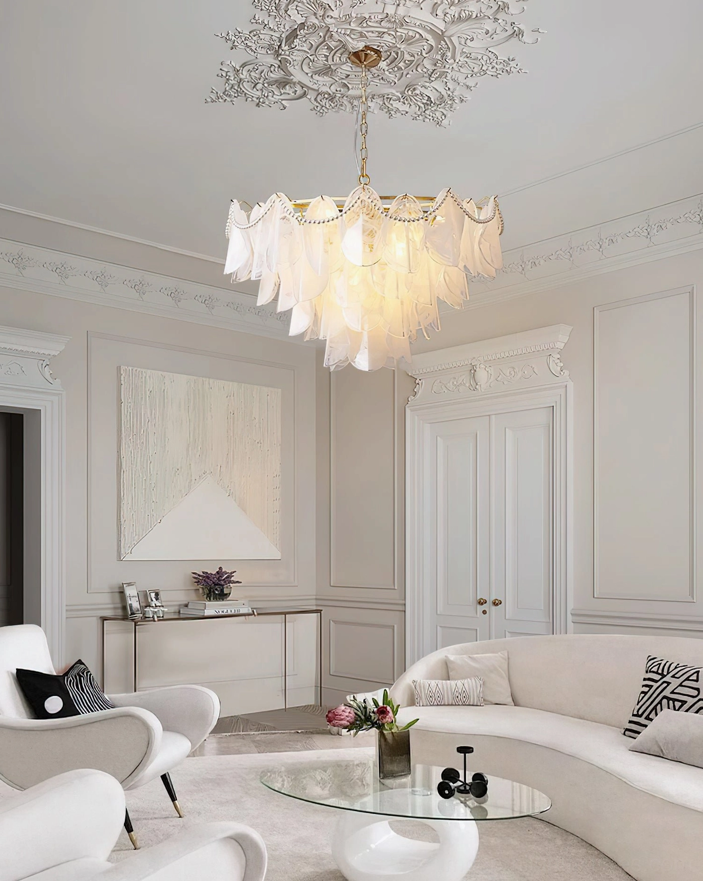 Large scale petal chandelier overhead high angle view in French style apartment living room with neoclassical home decoration