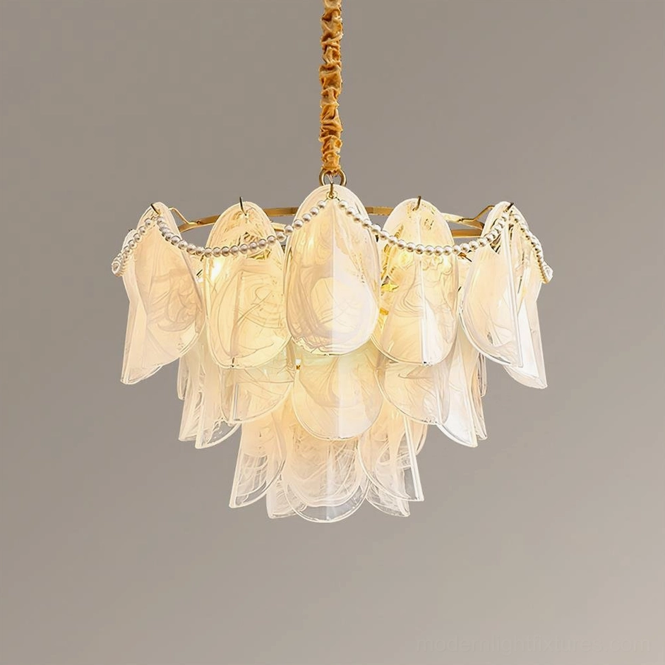Lunaria medium petal glass chandelier 60cm size in contemporary living room with warm ambient lighting