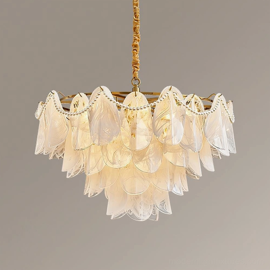 Petal glass chandelier front flat view with solid gray background showing braided gold hanging rod and layered petal design