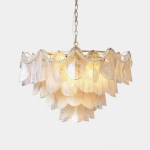 Lunaria petal glass chandelier front view with gold frame and pearl accent, multi-tier tiered pendant light fixture with warm glowing bulbs