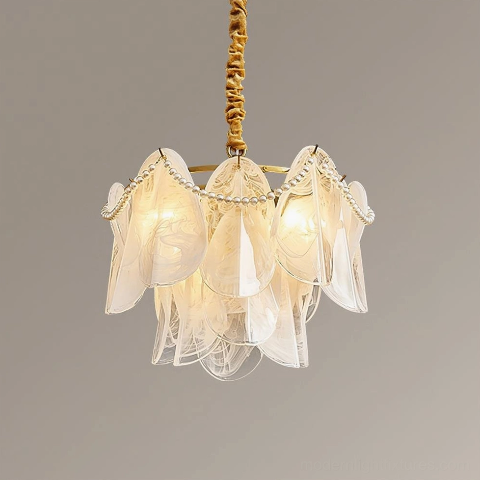 Lunaria petite petal chandelier 50cm smallest size showing delicate tiered glass detail in bedroom setting