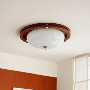Lunaro 45cm flush mount light with frosted glass dome and wood-grain metal trim close-up