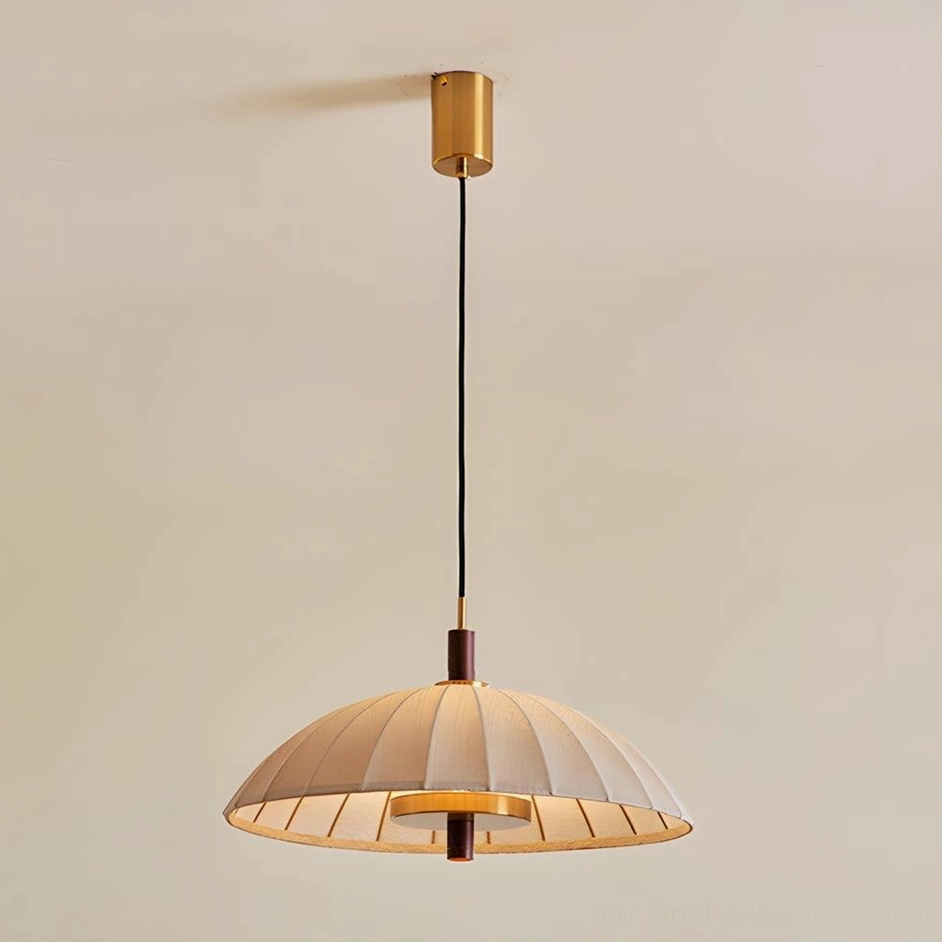 Lunaro pendant light Model A walnut color beige variant modern fabric shade brass accents warm light