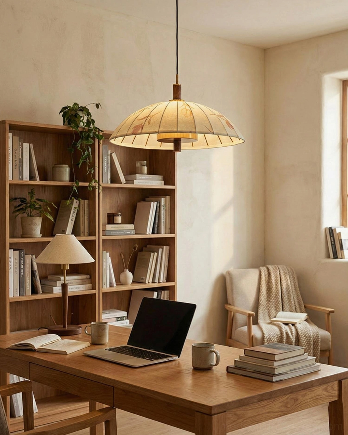 Lunaro dome pendant light installed in warm rustic Japanese wabi-sabi home office study room