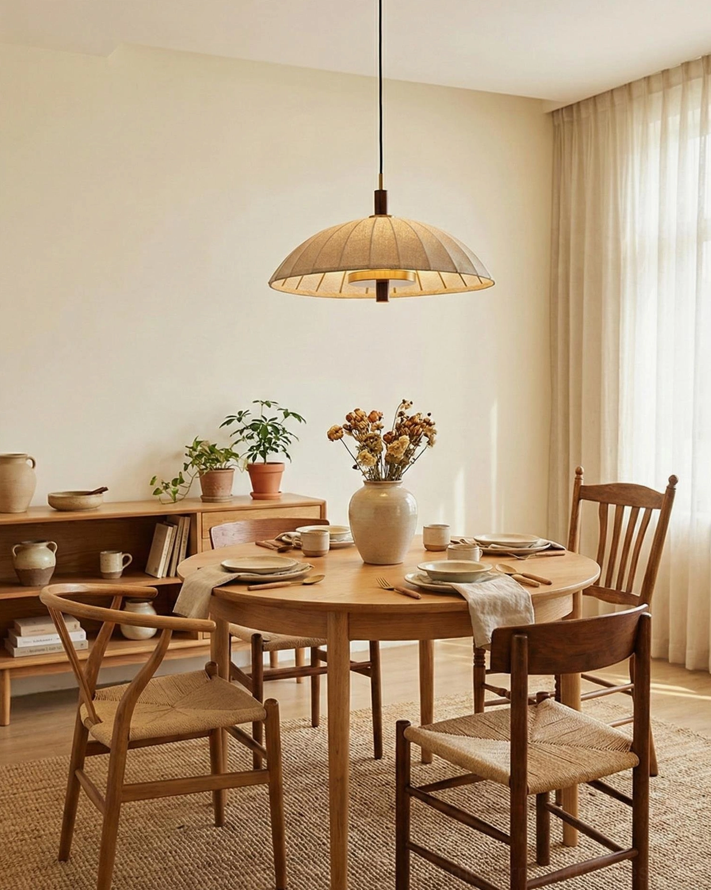 Lunaro dome pendant light creating ambient lighting in formal wooden dining room with wabi-sabi style decor