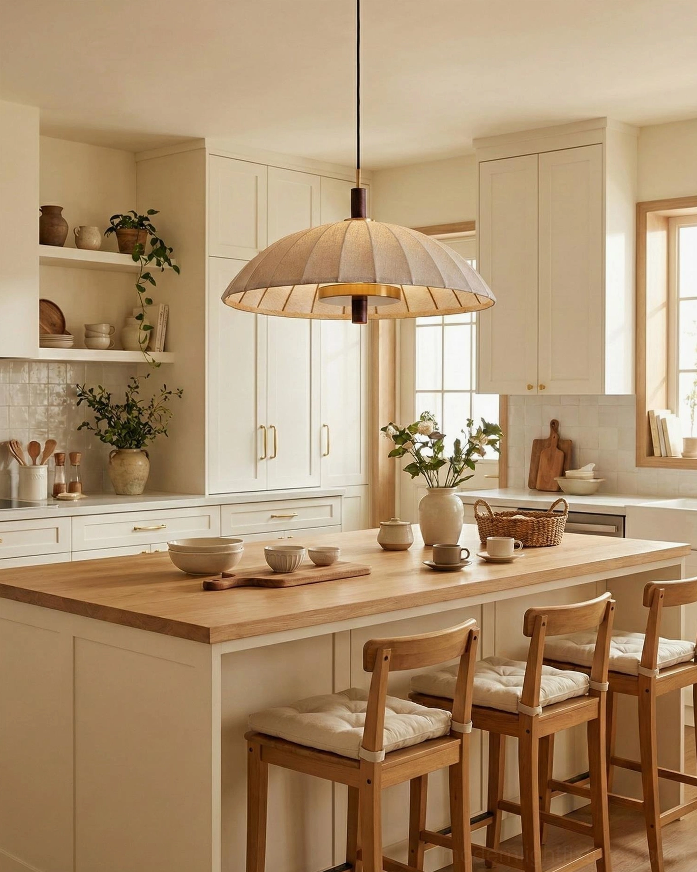 Lunaro modern pendant light suspended above contemporary kitchen dining island with minimalist warm aesthetic