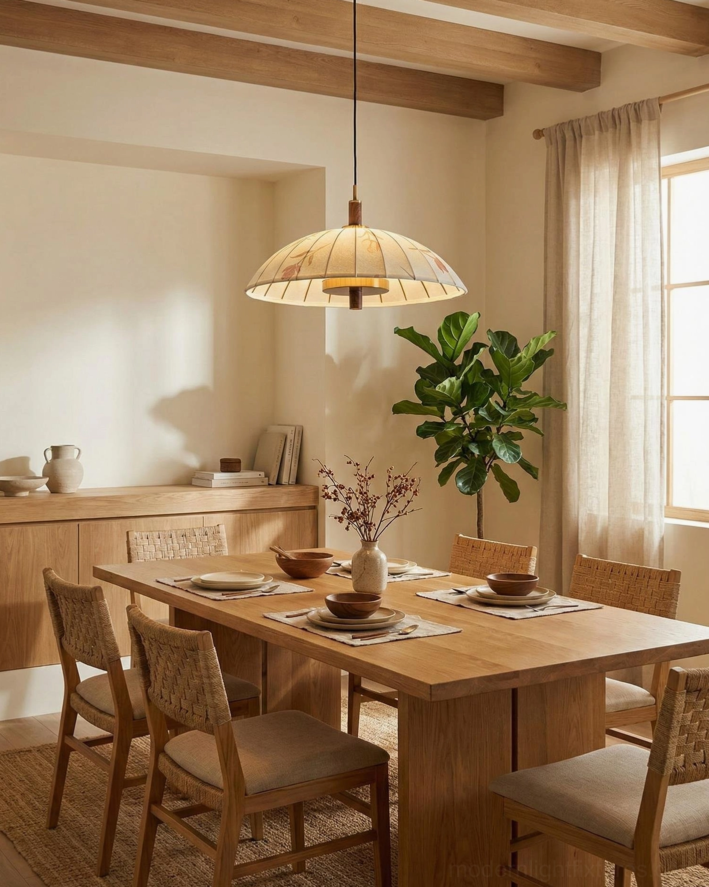 Lunaro fabric dome pendant light in bright casual family dining space with natural daylight interior